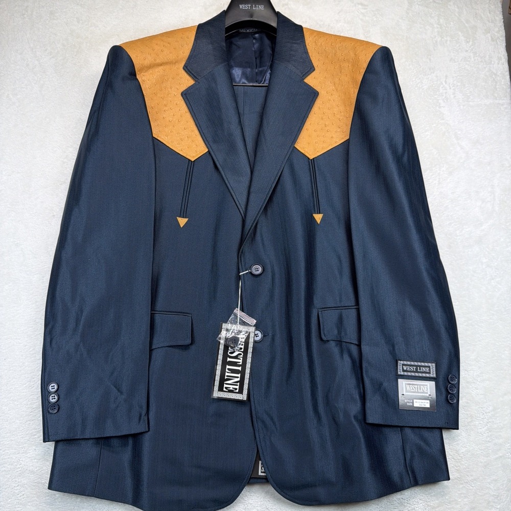 Western Chalino Sanchez Style Blue Suit 70s Rockabilly Jacket Pants Mens 44/34